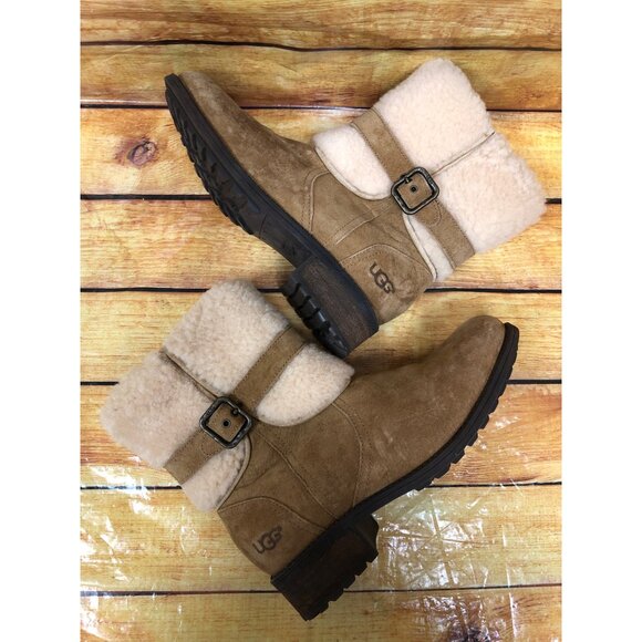 UGG Blayre 1006039 Tan Suede Shearling Cuff Buckle Boots Womens 7.5 (h8v) - Picture 5 of 10